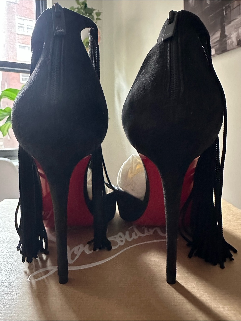 Christian Louboutin Black Suede Fringe Pointed Toe Stiletto Heels - Picture 6 of 12